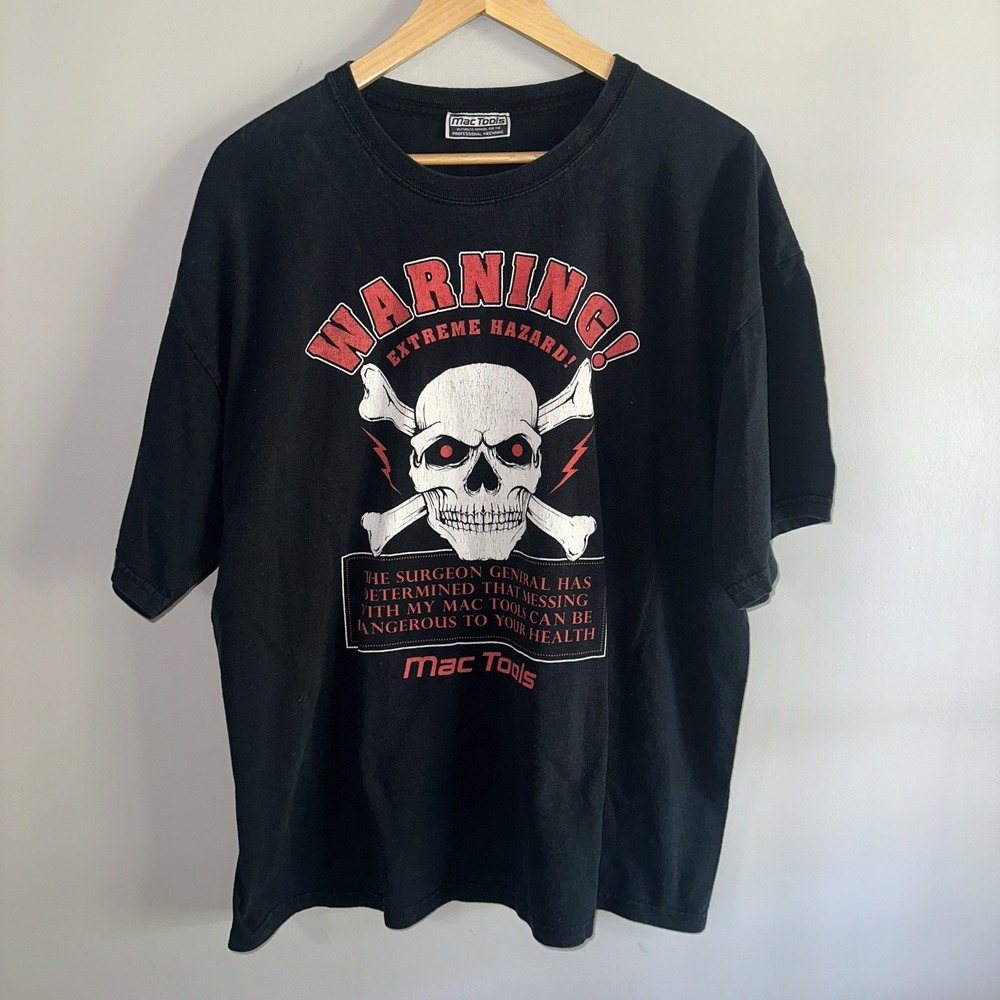 MAC TOOLS Mens Black Skull Crossbones Warning Graphic T Shirt Mechanic 23x27.5